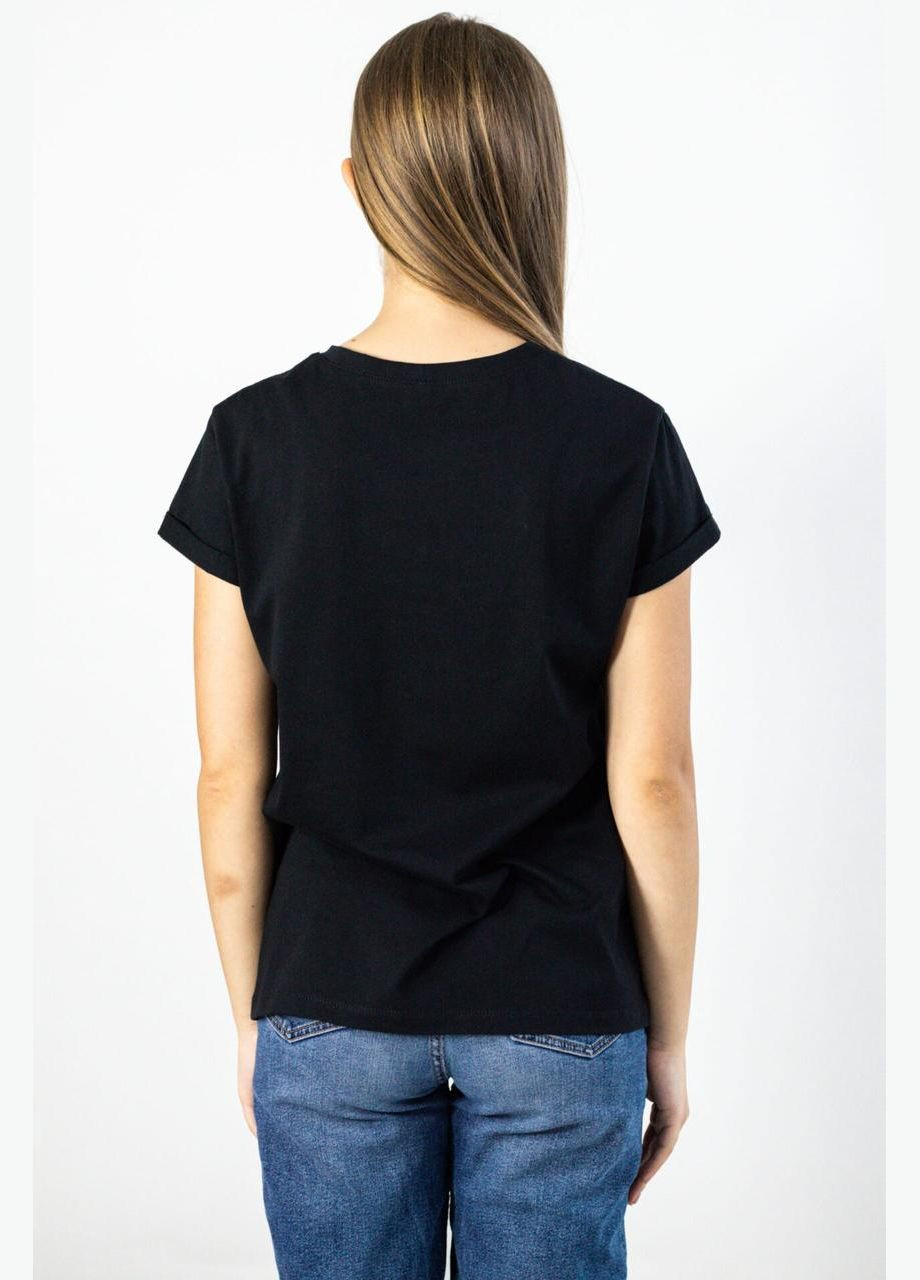 Комбінована всесезон футболка жіноча дизайнерська з вишивкою планети чорна mkмф70161-1 Modna KAZKA