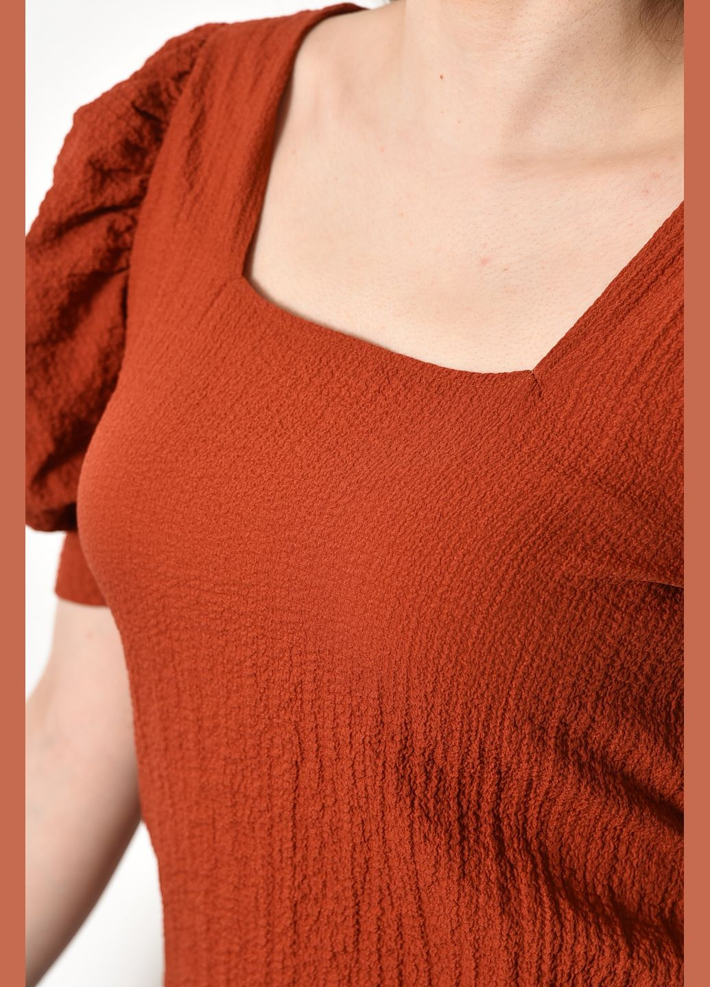 Теракотова блуза жіноча з коротким рукавом теракотового кольору з баскою Let's Shop