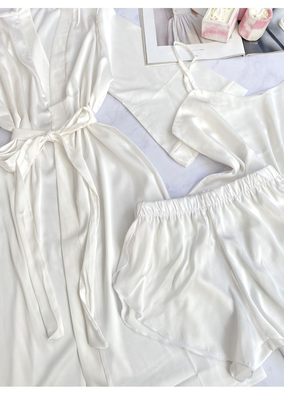 Білий жіночий шовковий комплект халат шорти та майка l-xl білий No Brand