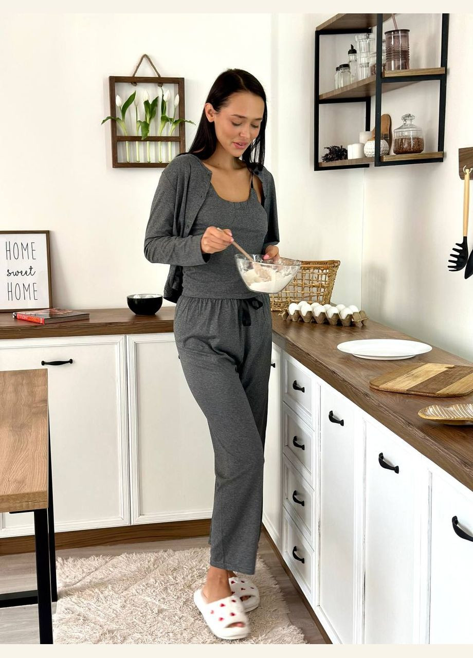 Темно-сіра всесезон домашній костюм піжамка трійка кофта + футболка + брюки Vakko