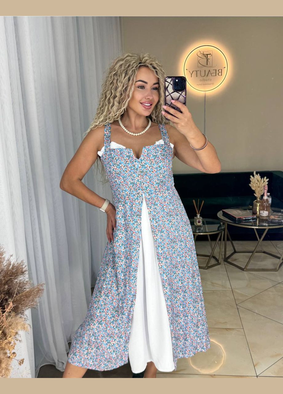 Блакитна повсякденний, святковий, пляжна, кежуал стильна літня сукня з білою вставкою Vakko з квітковим принтом