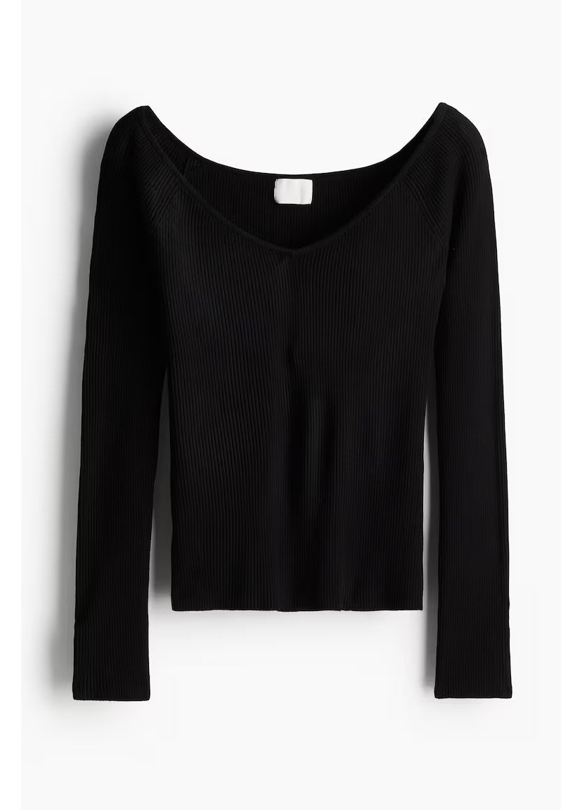 Чорний демісезонний приталений жіночий чорний светр-топ із відкритими плечима з м'якої ребристої в'язки,розмір м H&M
