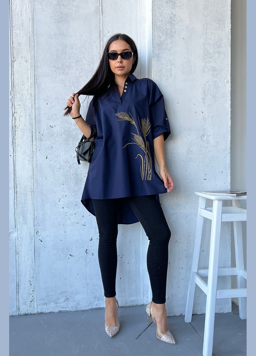 Тёмно-синяя изысканная блуза-туника с дизайнерской вышивкой в виде колоски INNOE узор украинская символика свободная хлопок (299767033)