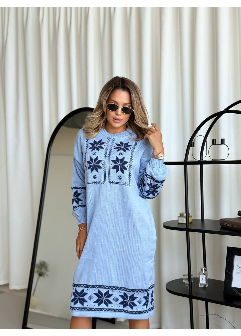 Голубое повседневный, кэжуал женское вязаное платье в этностиле No Brand с орнаментом