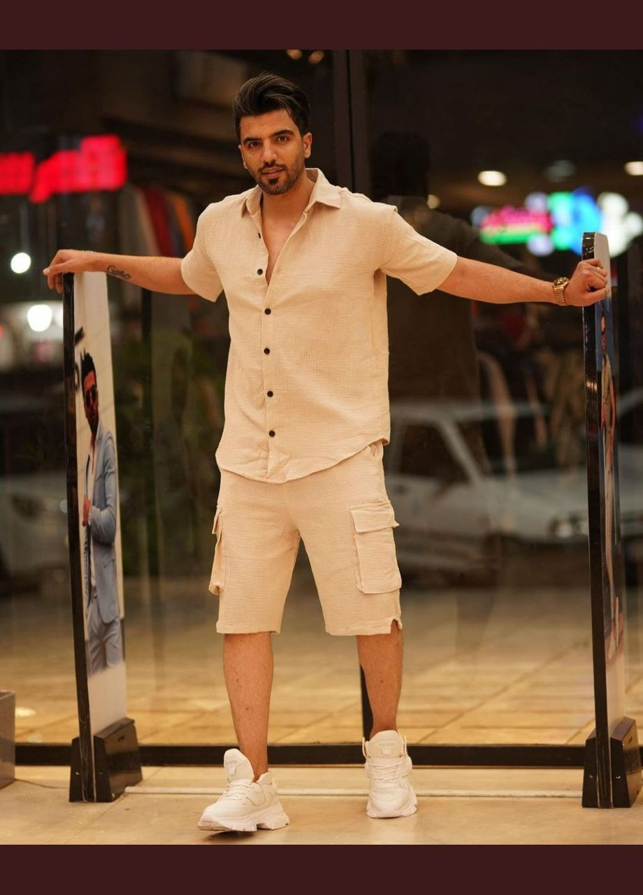 Бежевый летний шикарный бежевый прогулочный костюм из качественного турецкого льна, приятный к телу костюм двойка (рубашка+шорты) No Brand 2026-1