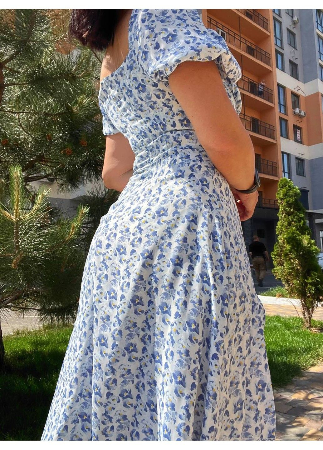 Голубое кэжуал платье женское летнее a-n 2669 цветочный принт разрез шнурок на груди длинное No Brand с цветочным принтом