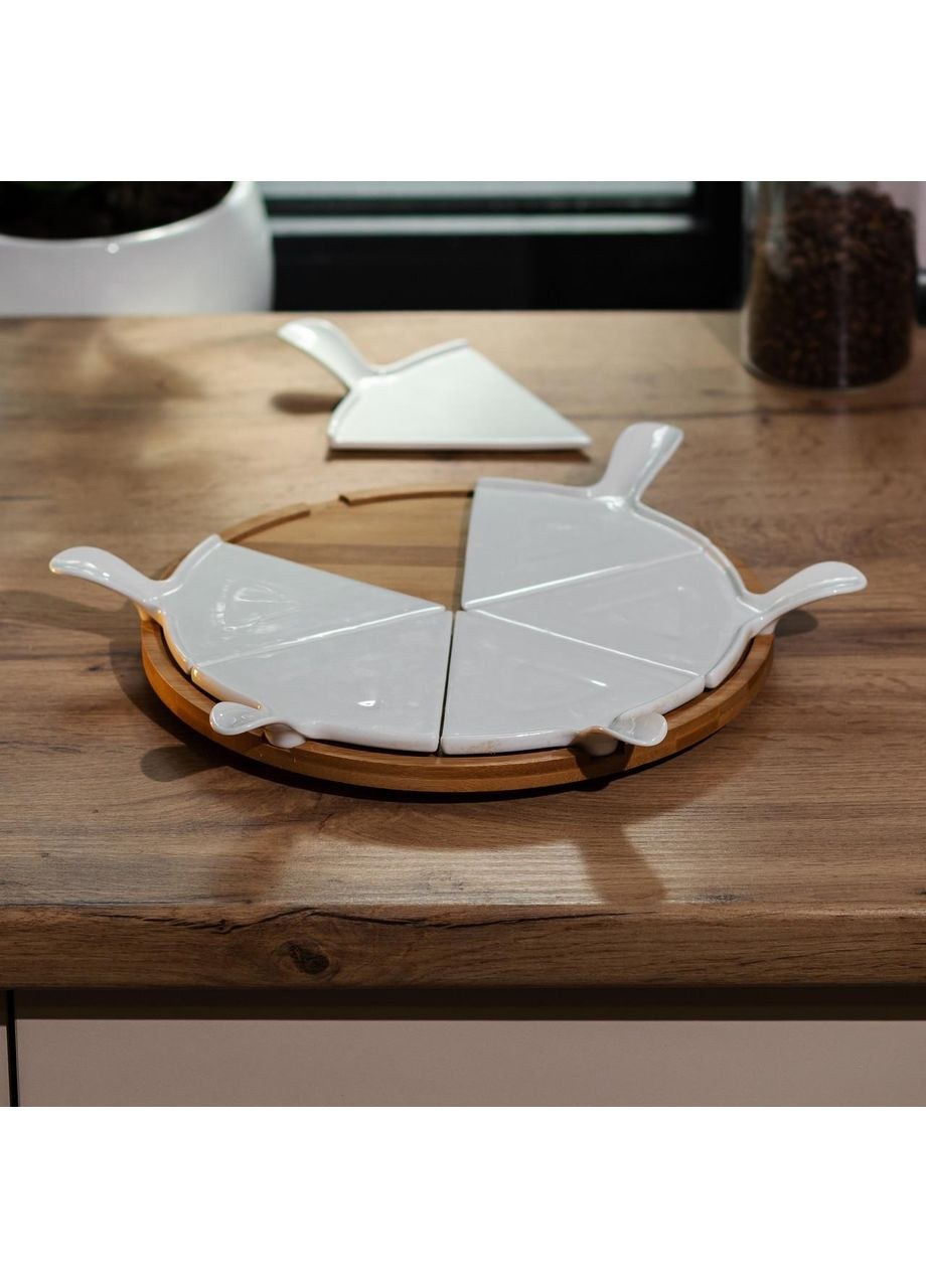 Тарелка для пиццы 28 см фарфоровая вращающаяся, бамбуковое основание HP1248 Yiwu (368767047)