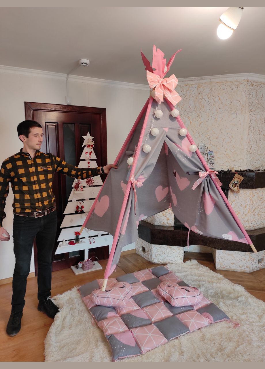 Палатка Вигвам для детей БОН БОН Веселые единороги на пудре + корзина для игрушек Полный комплект! No Brand (316221714)