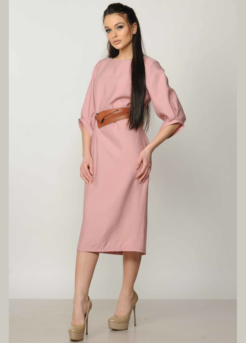 Рожева повсякденний вільна сукня міді з асиметричним рукавом 3/4 і кишенями створена з штучного льону (пл 14.1-06/18) RiMari