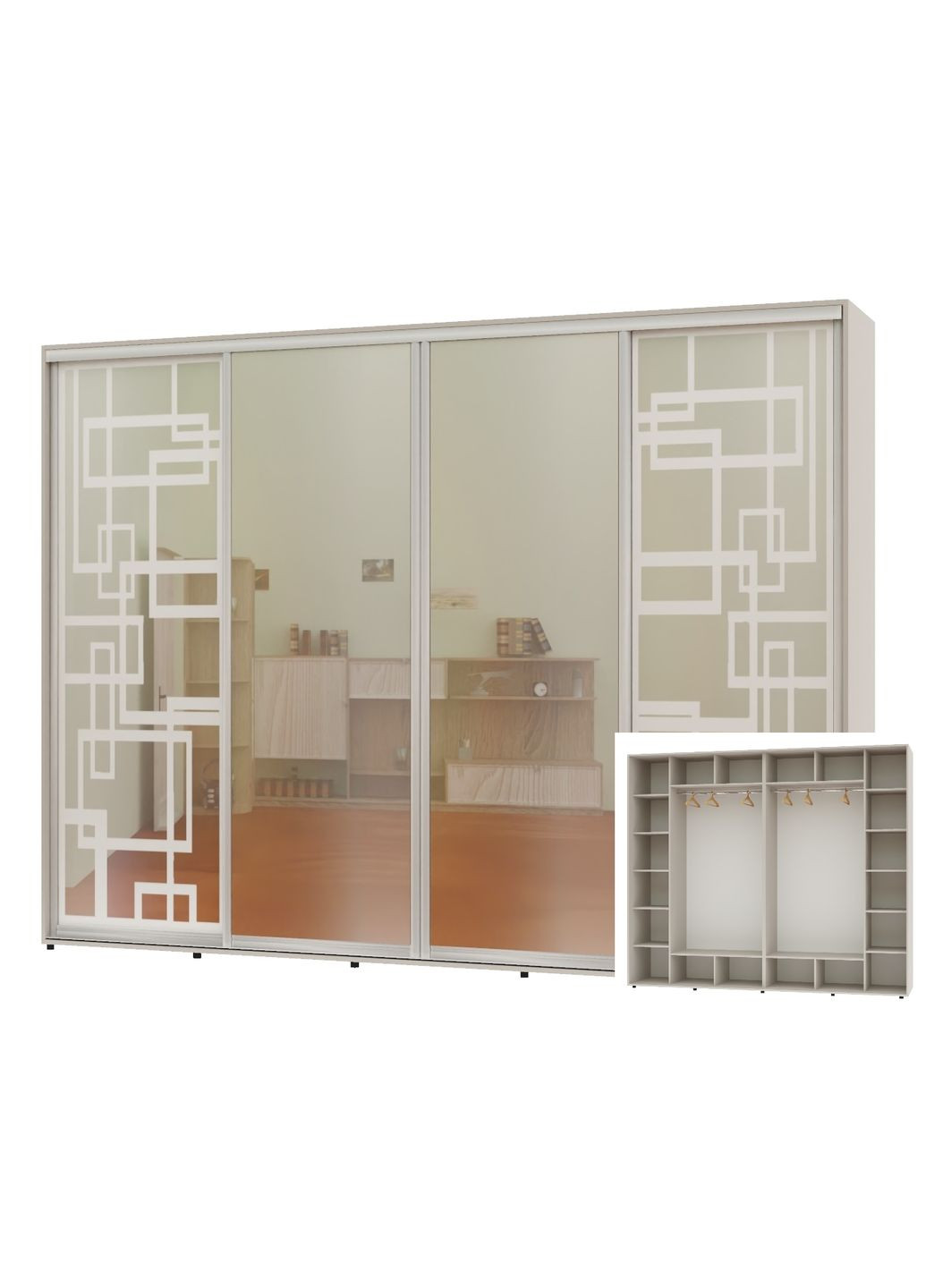 Шафа-купе чотиридверна 310*60*220 Кашемір 2 Дзеркала з піскострумним малюнком/2 Дзеркала Алекса (360477035)