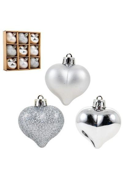 Набір пластикових срібних новорічних прикрас Сердечка 9 шт. D-4.5 см. 43038 Flora (360639343)