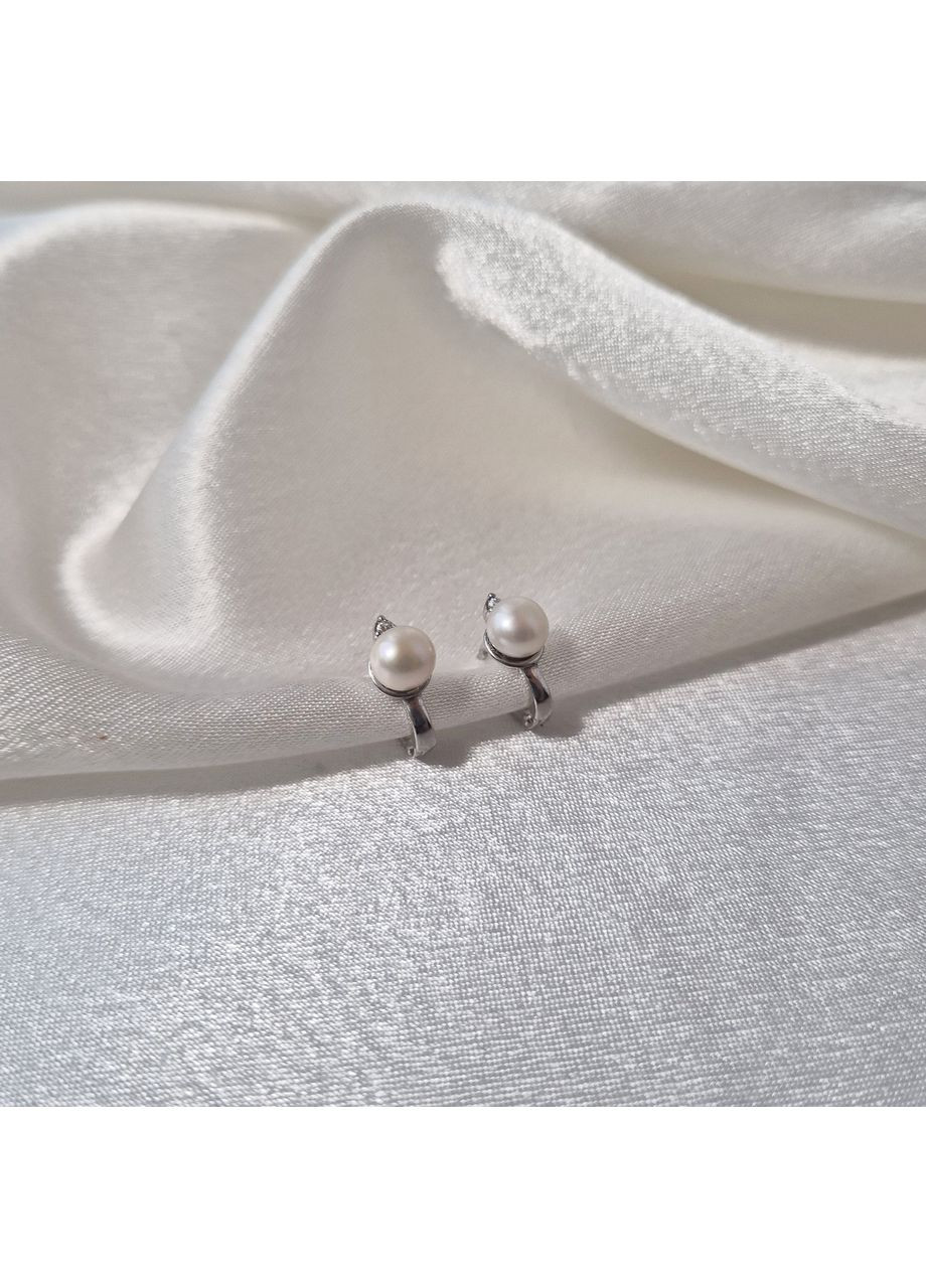 Срібні сережки із Білою Перлиною срібло 925 проби Родоване 82159б 2.51г Nobrand (370438613)
