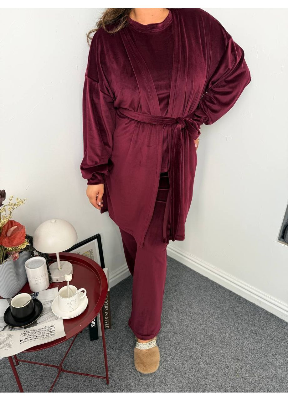 Бордова жіноча велюрова піжама трійка Osoblyva