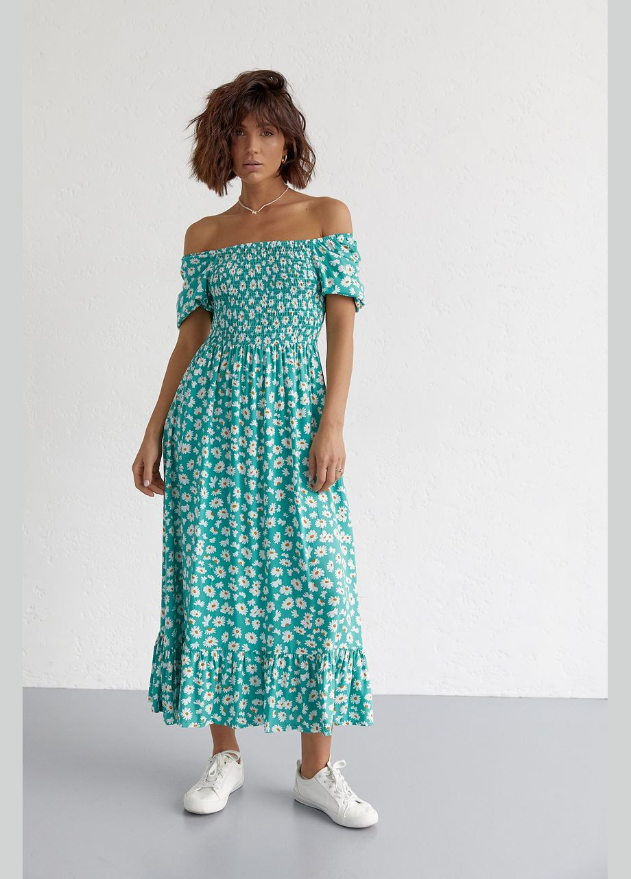 Смарагдова повсякденний, вечірня жіноча довга сукня з еластичною талією та шлярою з відкритою спиною Liton з квітковим принтом