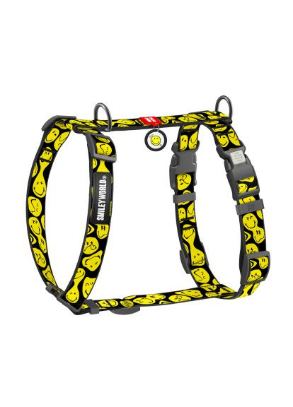 Шлея для собак Nylon анатомічна H-подібна з QR-паспортом "Смайли на чорному" пластиковий фастекс, L (345-0181) WAUDOG Nylon анатомічна H-подібна з QR-паспортом "Смайли (366701752)
