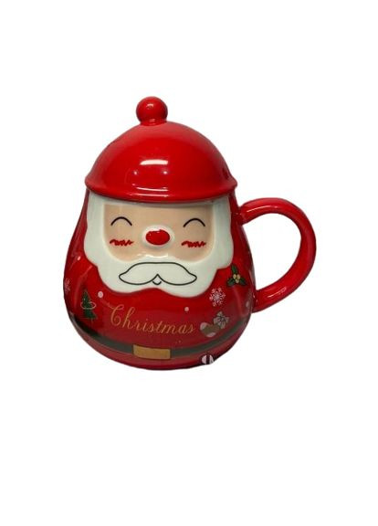 Новорічна кружка керамічна Різдвяний помпон з кришкою 350 мл Червоний Olens (363831126)
