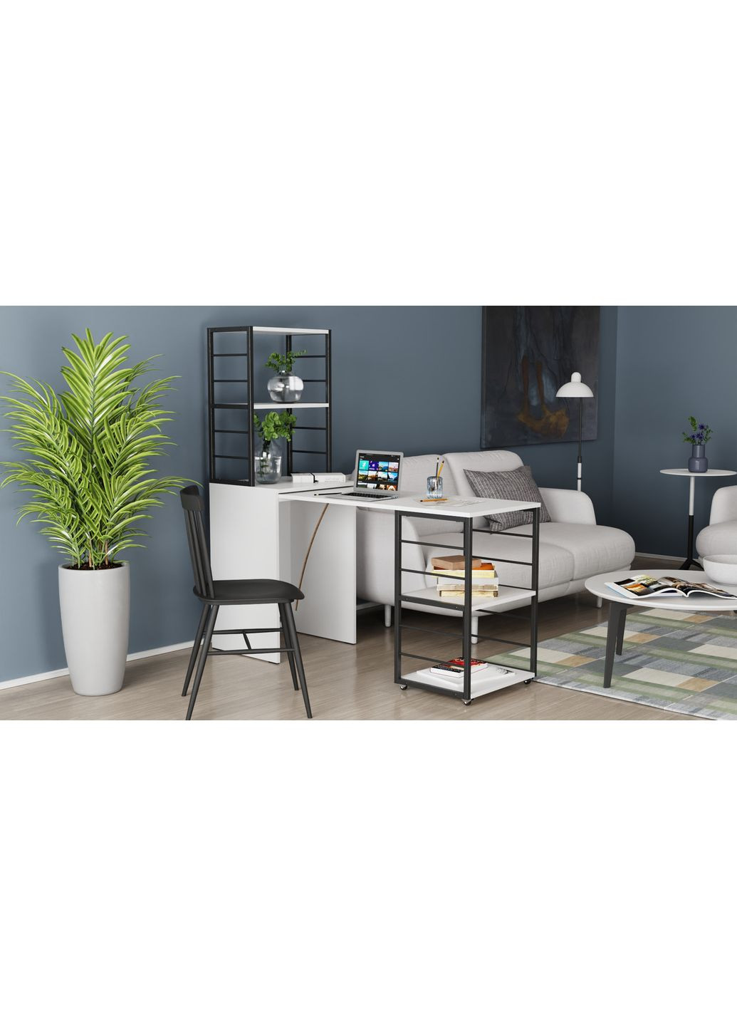 Стіл-тумба трансформер Смарт 3/2 з етажеркою 1430x1450x600 Чорний метал ДСП Біле 16 мм (FRD-105116) Ferrum-decor (365445078)