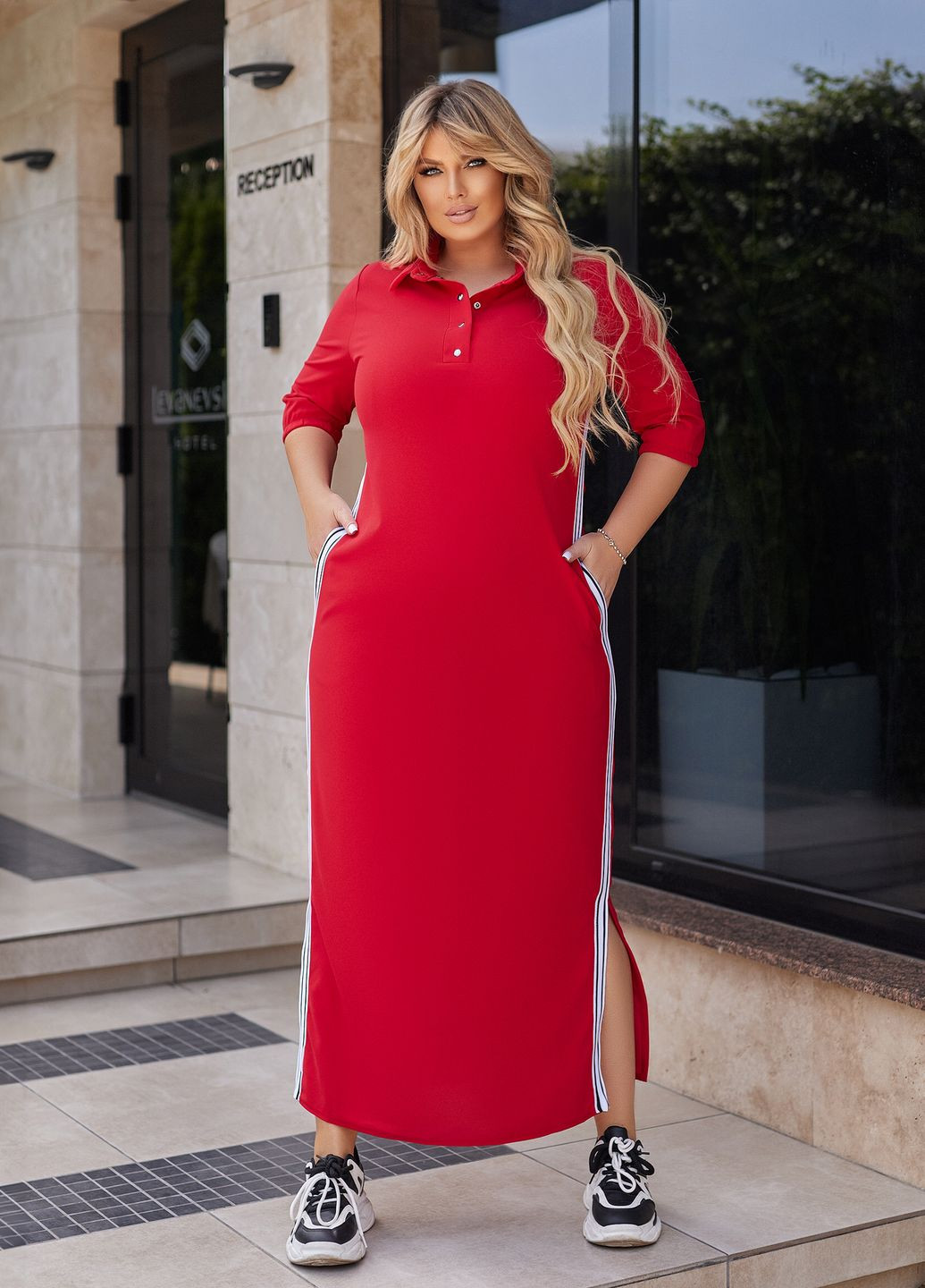 Червона спортивна, повсякденний, кежуал сукня з лампасами сукня-сорочка, силуетна No Brand однотонна
