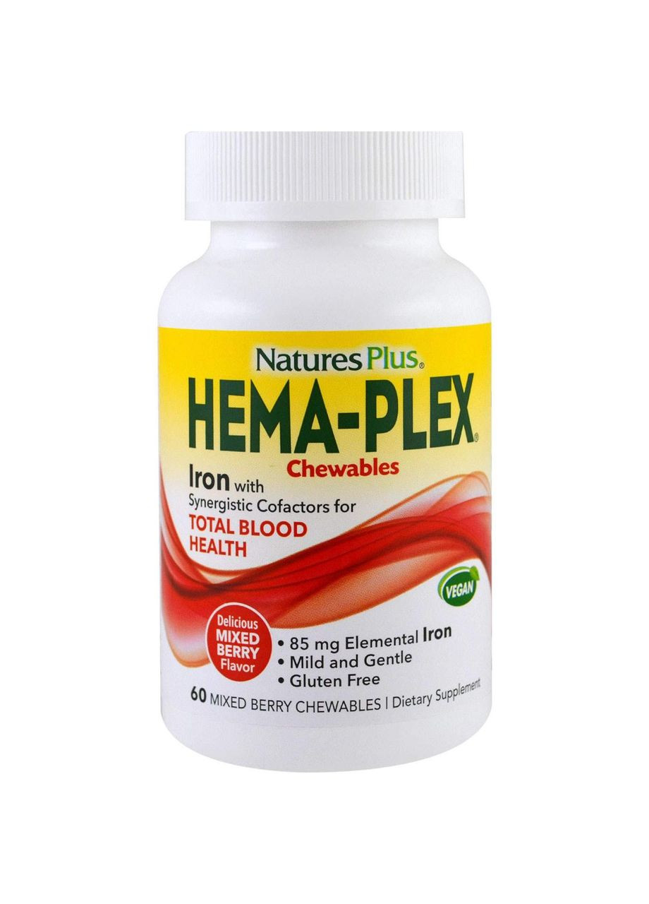Витаминно-минеральный комплекс с ягодным вкусом, Hema-Plex,, смесь ягод, 60 жевательных таблеток Nature's Plus (362368891)