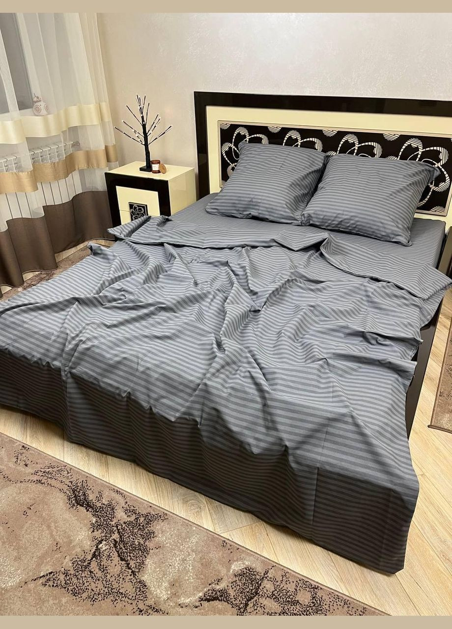 Постельное белье хлопковое в Полоску Евро Простынь на резинке 180x200х20 Бязь Серое 50 х 70 No Brand (278634755)