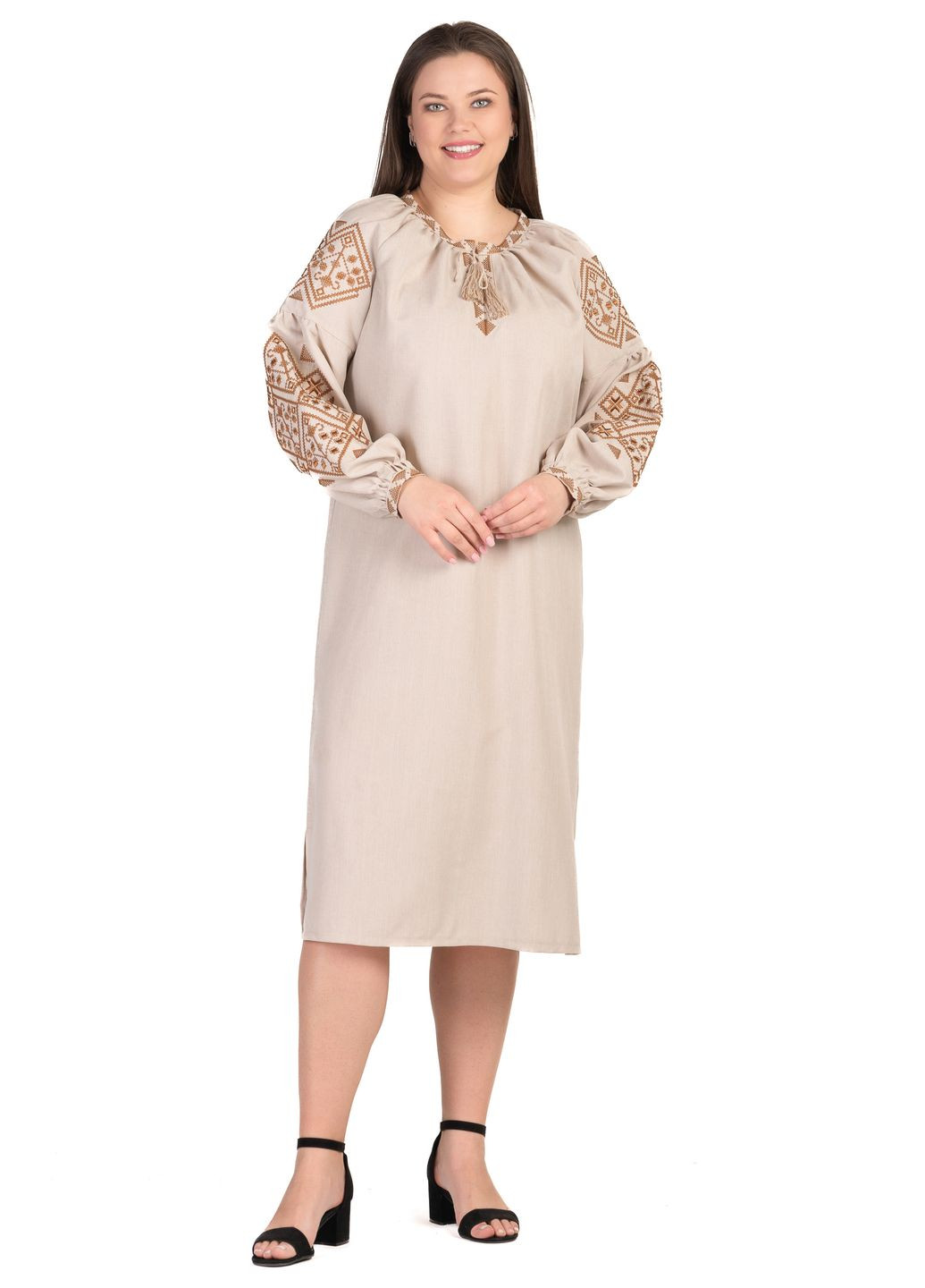 Бежева сукня-вишиванка з льна-габардина богдана (бежевий) Golfstream вільна габардин, льон (333825195)