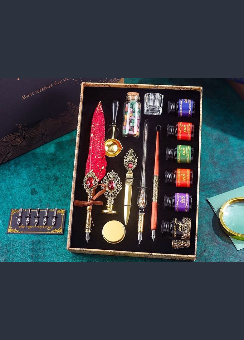 Подарочный винтажный набор: Перо для каллиграфии с 6 флаконами чернил. Оригинальный подарок Красное перо No Brand (337169334)