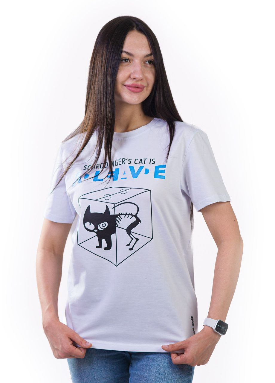 Белая футболка унисекс белая с коротким рукавом с принтом "schrodinger`s cat is" раз. xl 4PROFI кулир (298127225)