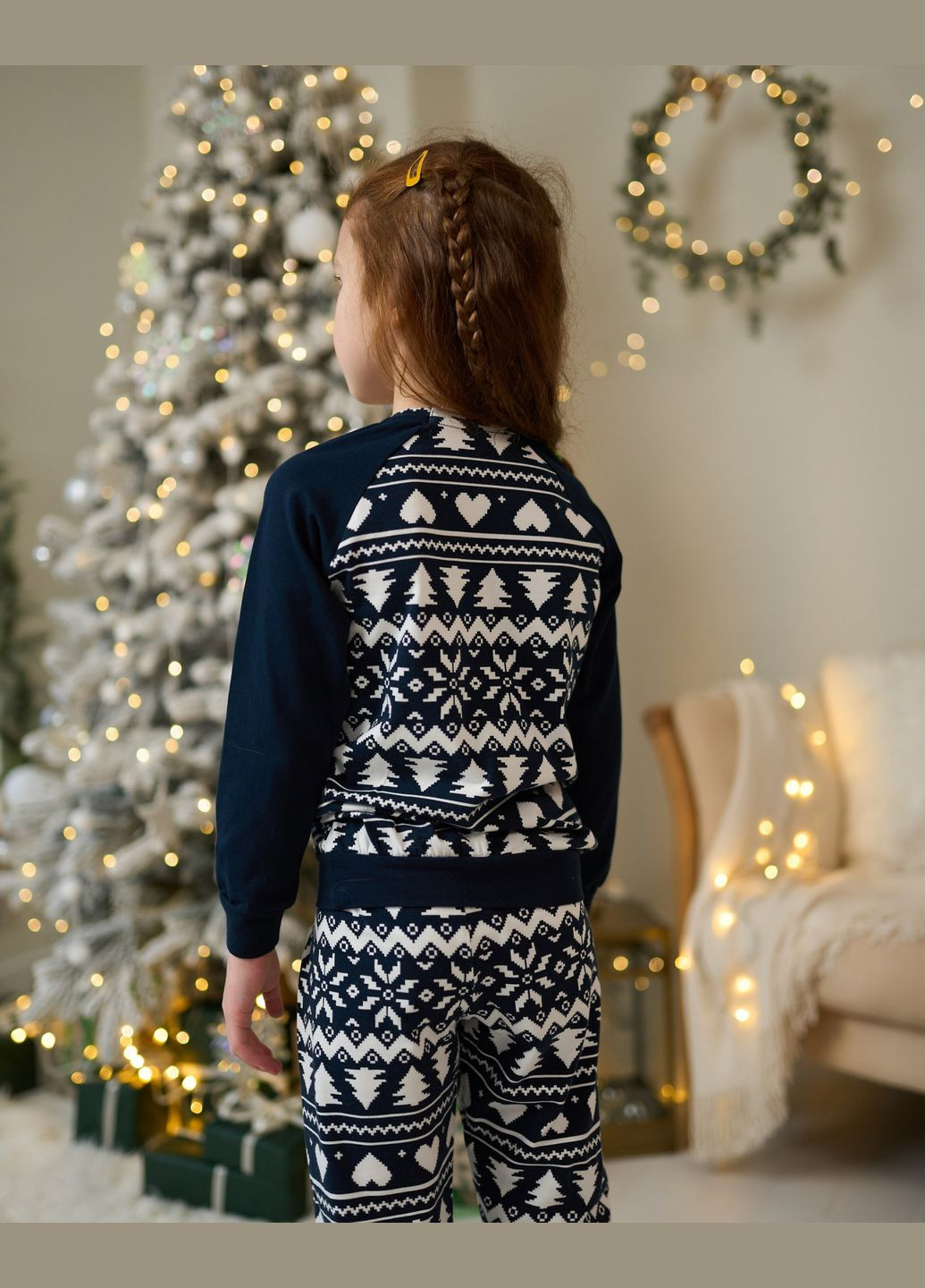 Темно-синяя зимняя детская пижама для девочки с рождественским принтом комплект кофты брюки в синем цвете family look домашняя одежда кофта + брюки Nicoletta