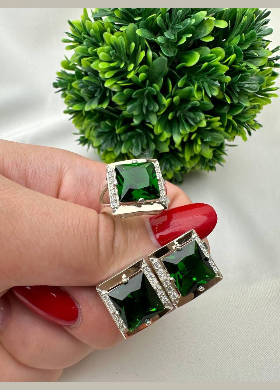 Комплект прикрас срібло з золотом Катрін зелений циркон сережки + каблучка No Brand (329999448)