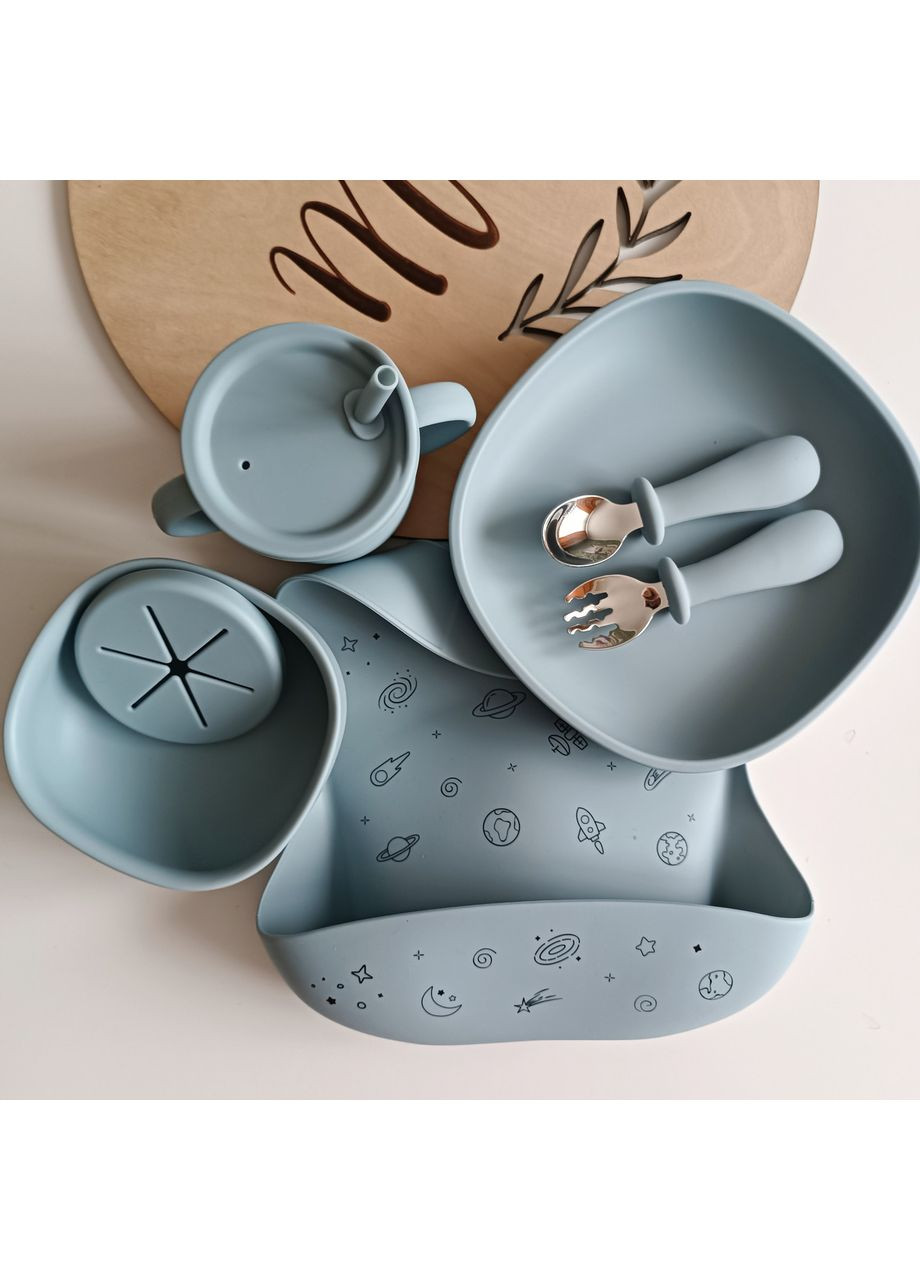 Дитячий набір силіконового посуду для хлопчика Колір дасті блу 7 од (0267) No Brand (368999856)