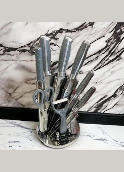 Набор ножей для кухни с подставкой 9 предметов серый (2104618512) Zepline ZP-027 серые, пластик, нержавеющая сталь