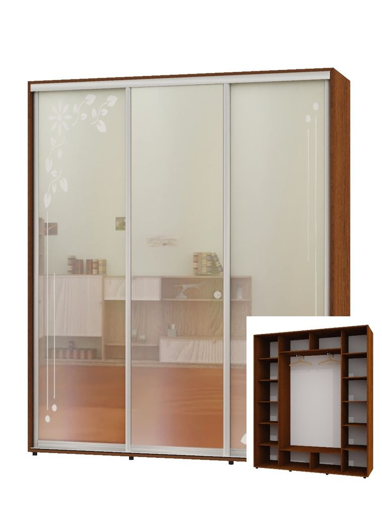 Шафа-купе тридверна 190*45*230 Горіх лісовий 2 Дзеркала з піскострумним малюнком/Дзеркало ШК-05 Алекса (360450170)