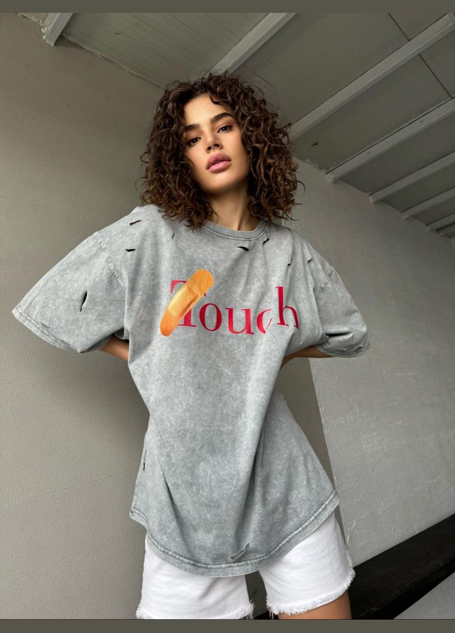 Жіноча футболка оверсайз варка порвана TOUCH світло-сіра You Best - (322132710)