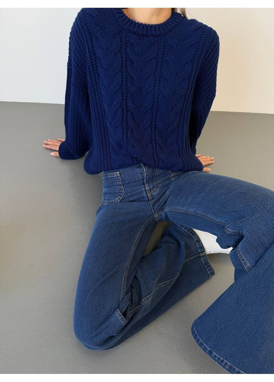Синій демісезонний жіночий в'язаний светр оверсайз з візерунком MonCher