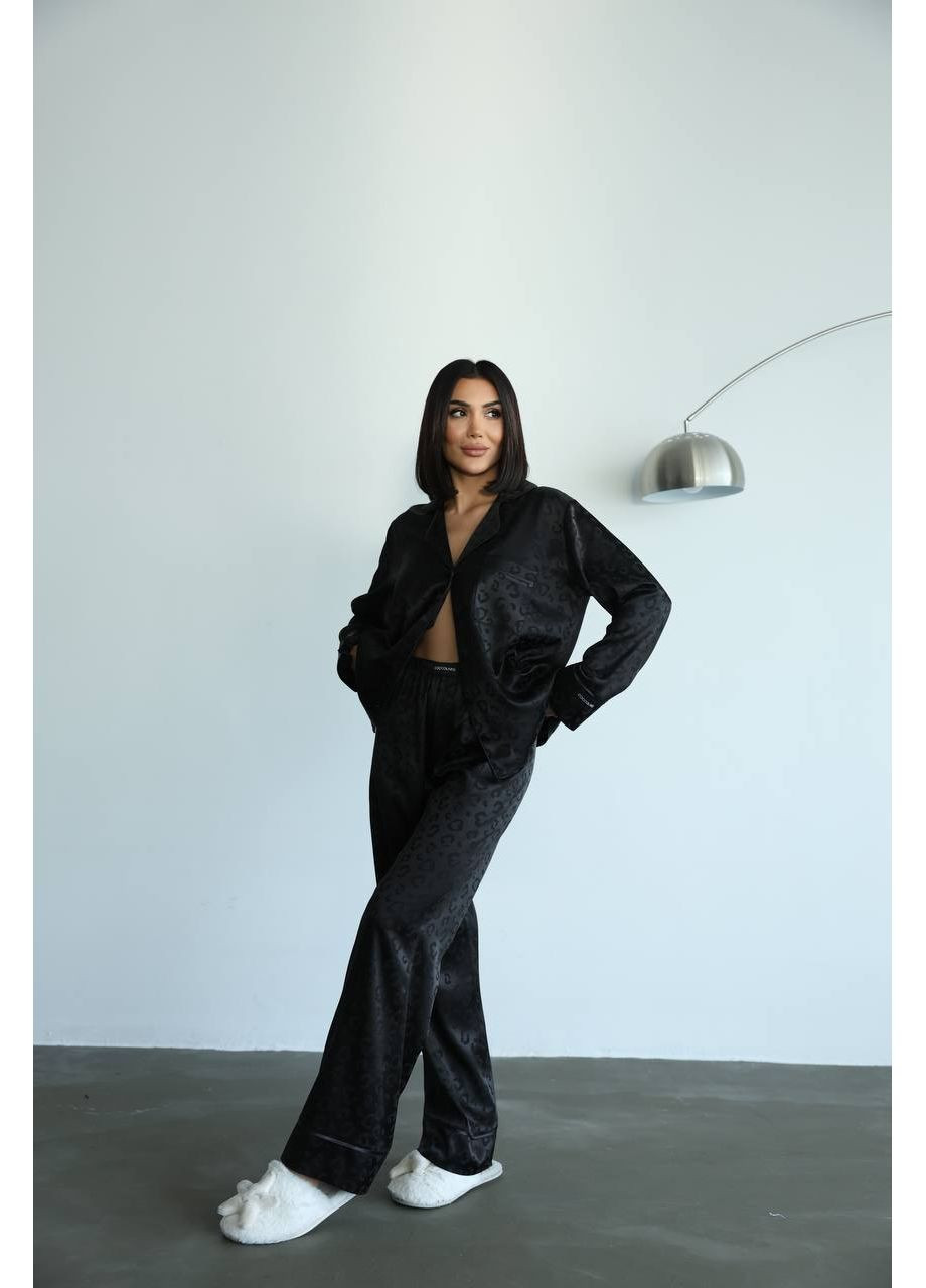 Черная всесезон женская пижама | чёрный леопард премиум рубашка + брюки Vital-Textile 1249