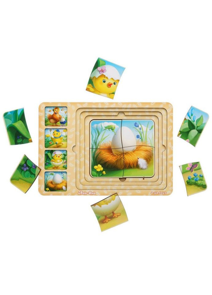 Дерев'яна настільна гра "Етапи розвитку курочки" Ubumblebees (ПСФ018) PSF018 сортер-пазл No Brand (316527985)