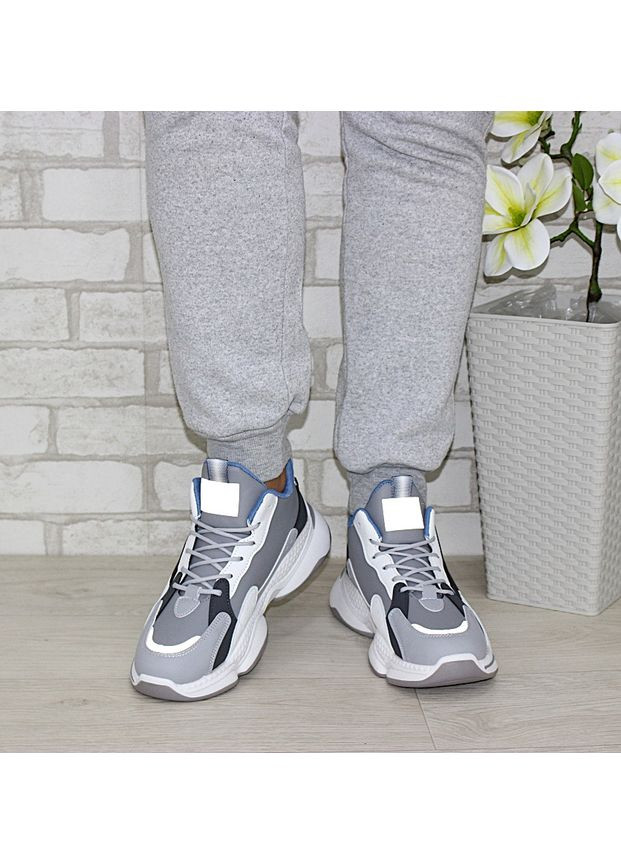 Сірі чоловічі стильні осінні світловідбивні кросівки на шнурівці Fashion