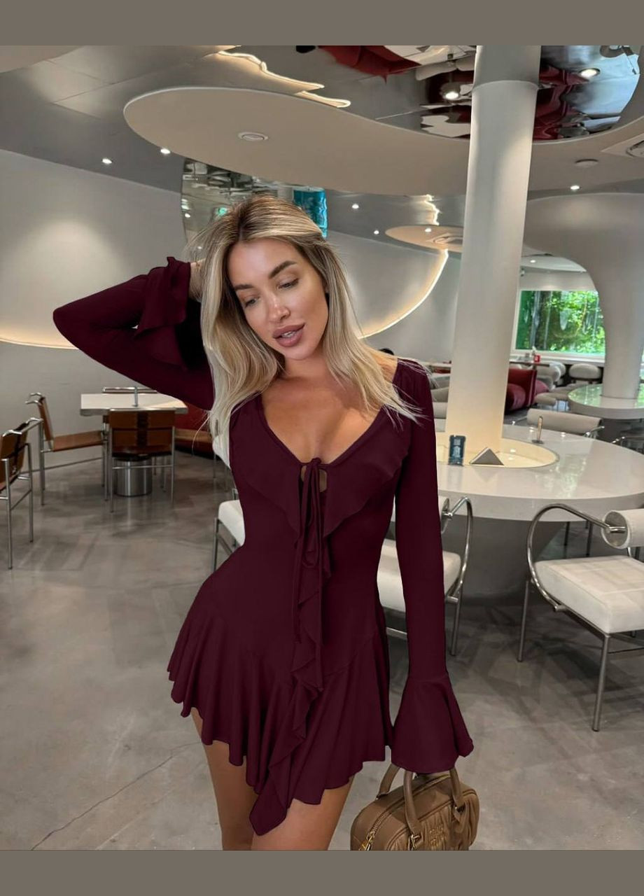 Бордовое повседневный мини платье с воланами и завязками Adelante однотонное