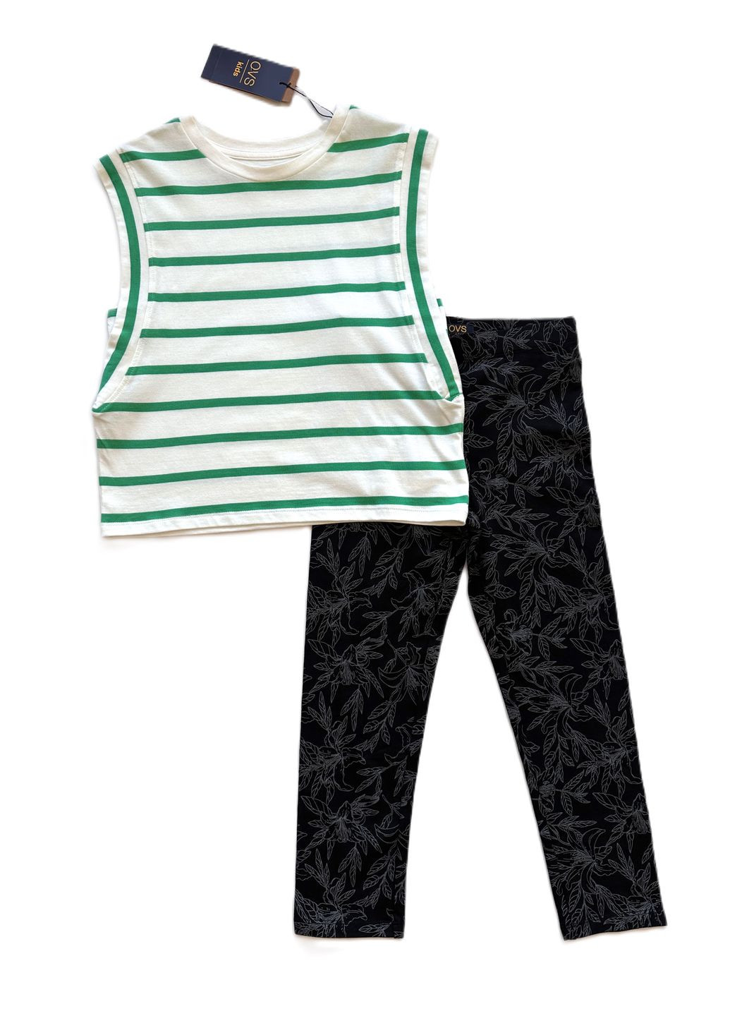 Зеленый летний комплект для девочки футболка полосатая бело-зеленая 2000-55 + леггинсы черные трикотажные 2000-62 (146 см) OVS