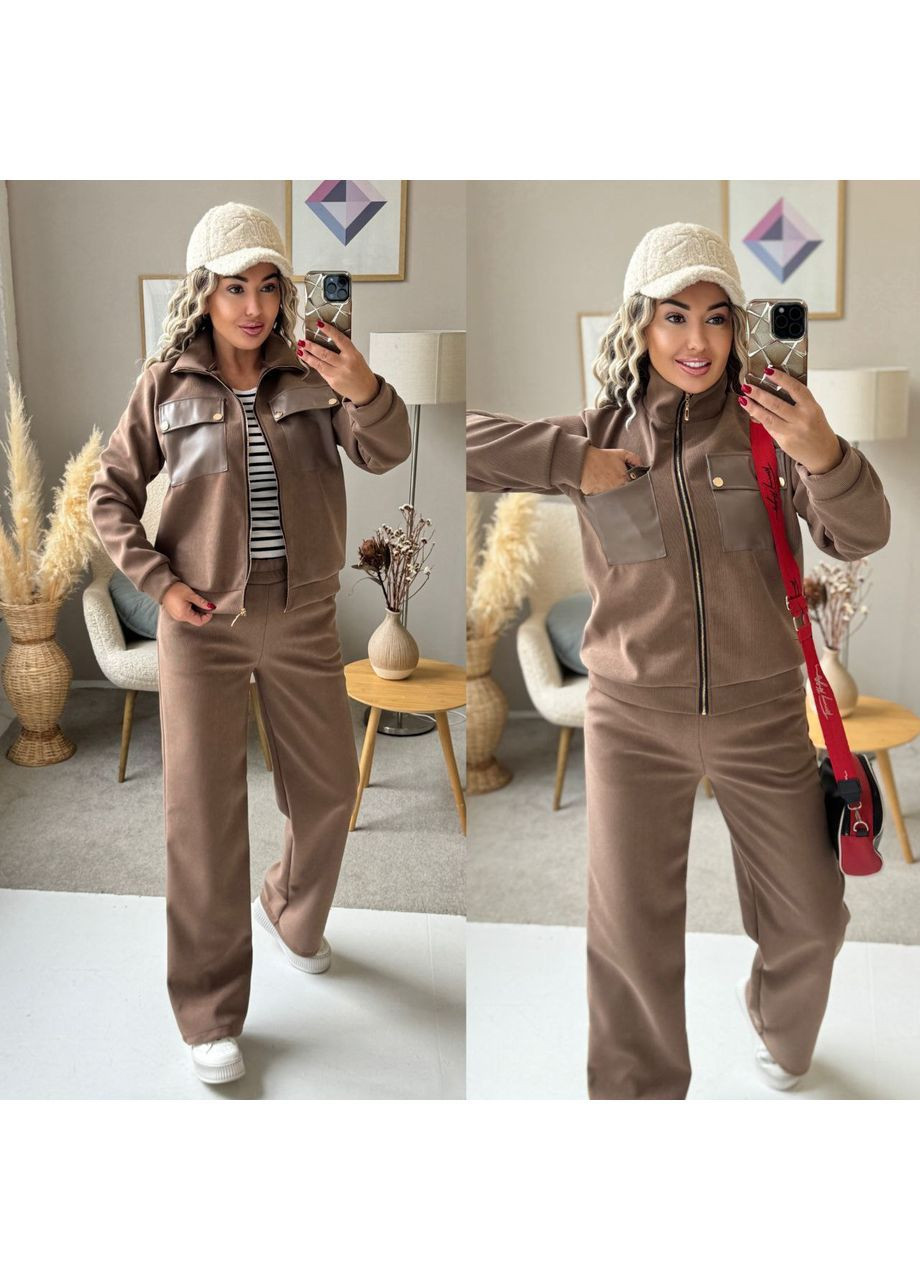 Жіночий костюм вельветовий на флісі з кофтою на блискавці та штанами прямого крою MonCher (365818933)
