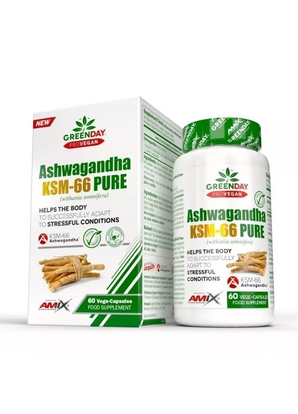 Натуральная добавка GreenDay ProVegan Ashwagandha KSM-66 Pure, 60 вегакапсул Amix Nutrition (293343171)