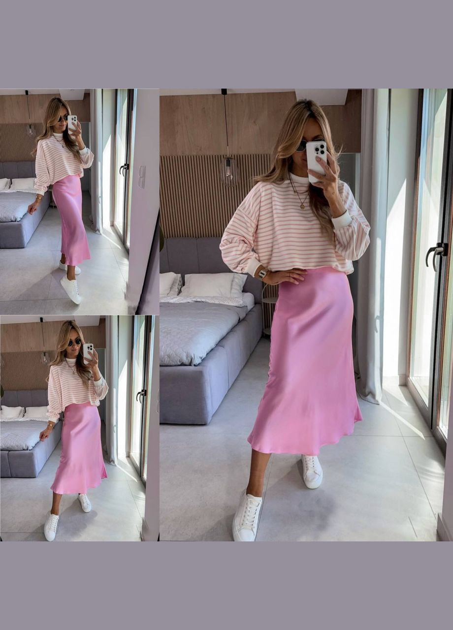 Літня шовкова спідниця на високій посадці кольору Барбі No Brand 1362-2 (337096889)