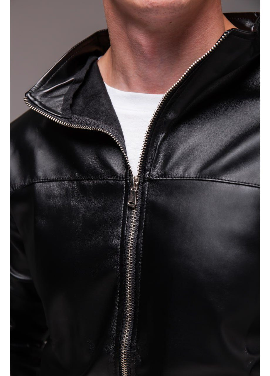 Черная мужская кожаная куртка черная воротник стойка No Brand