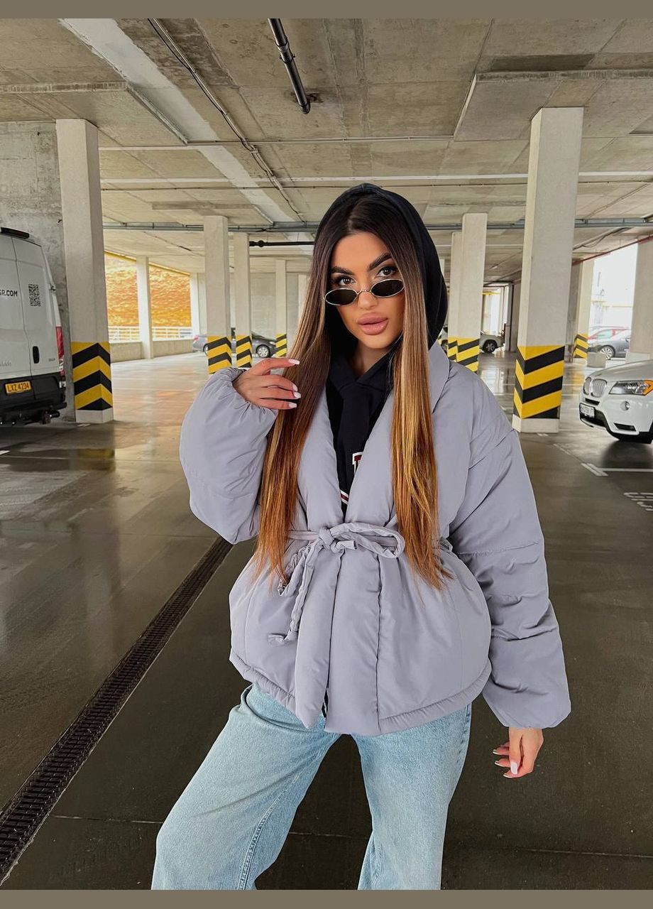 Серая демисезонная стильная ассиметричная куртка Vakko