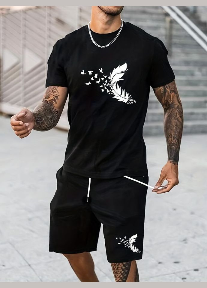 Чорний чоловічий зручний літній спортивний костюм з модним дизайном ДТФ No Brand (370955321)