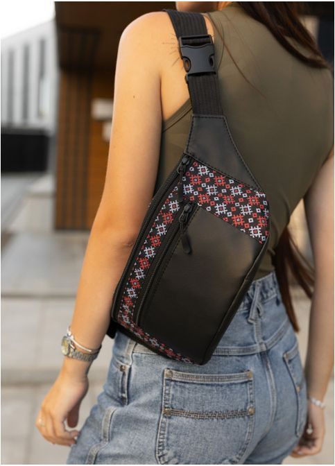 Жіноча поясна сумка бананка з екошкіри Чорна з принтом (2910038617) Sambag (366036762)