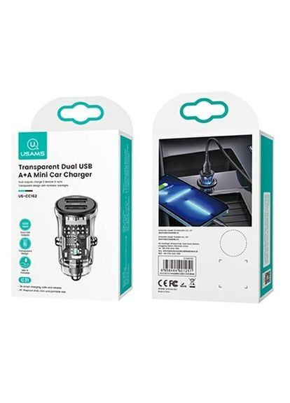Автомобільний зарядний пристрій US-CC162 C31 15W Transparent Dual USB A+A Mini Car Charger USAMS (370612727)