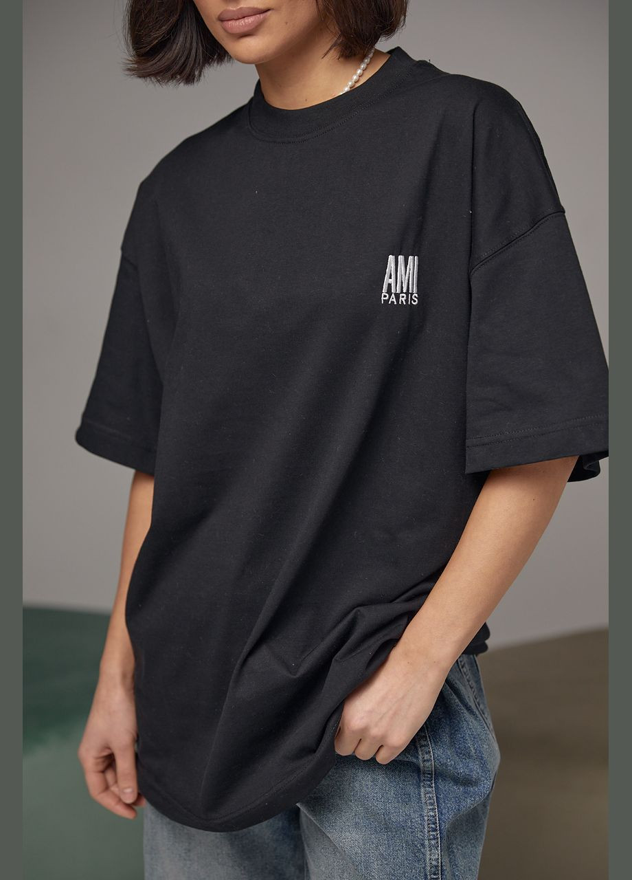 Черная летняя хлопковая футболка с вышитой надписью ami paris Lurex