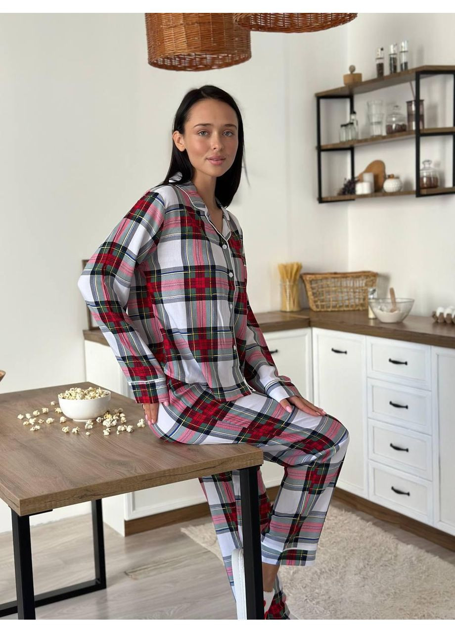 Комбінована жіноча піжама з віскози у клітинку / жіноча піжама віскозна з довгим рукавом / жіноча піжама у клітинку з віскозної тканини No Brand