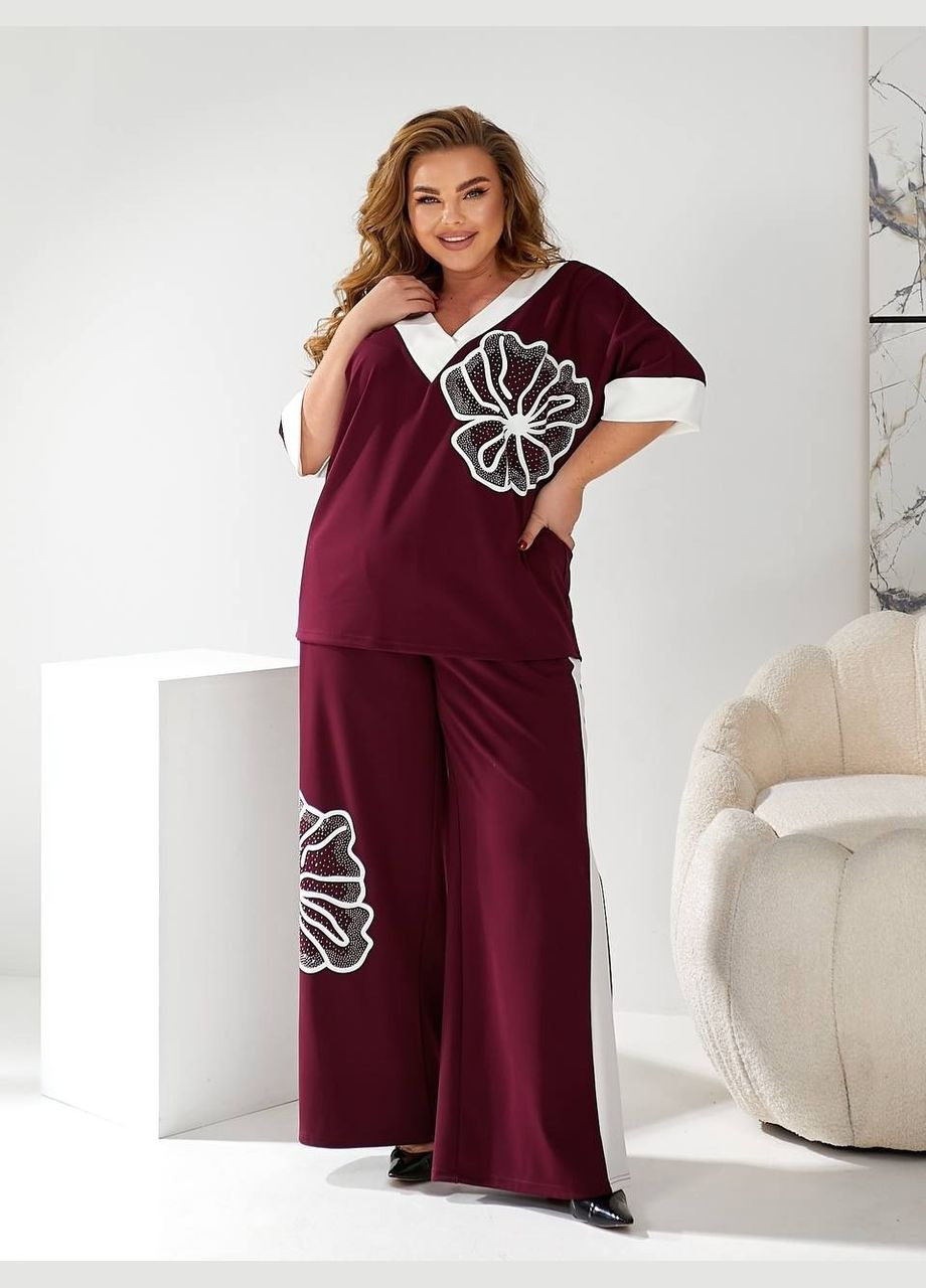 Женский брючный костюм батал марсала — большой размер, свободный крой, на каждый день и праздник No Brand Костюм комплект (340915092)